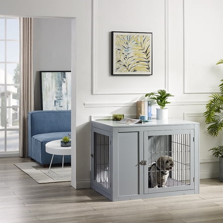 Unipaws Dog Crate End Table with Cushion, Wooden Wire Pet Kennels with Double Doors, Modern Design Dog House, Gray, Large
