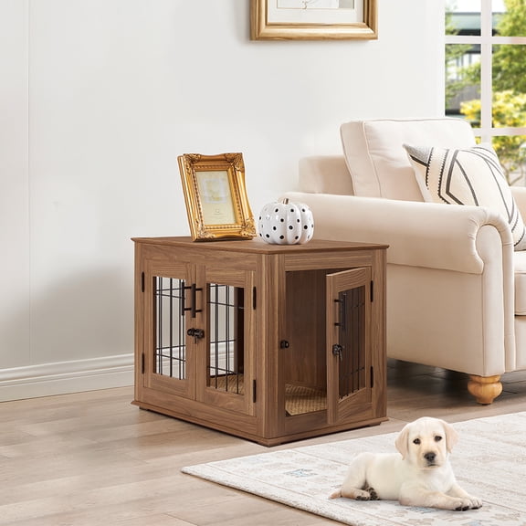 Unipaws Dog Crate Furniture, Double Doors Wooden Wire Dog Kennel with Pet Bed, Small Dog Crate