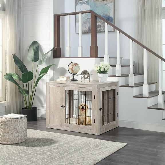 Unipaws Dog Crate Furniture Style,Wooden Wire Dog Kennel with Cushion, Large