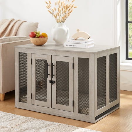 Unipaws Dog Crate Furniture with Cushion and Tray, Metal Mesh Dog Kennels with Double Doors, Medium Pet Kennel End Table Indoor, Gray