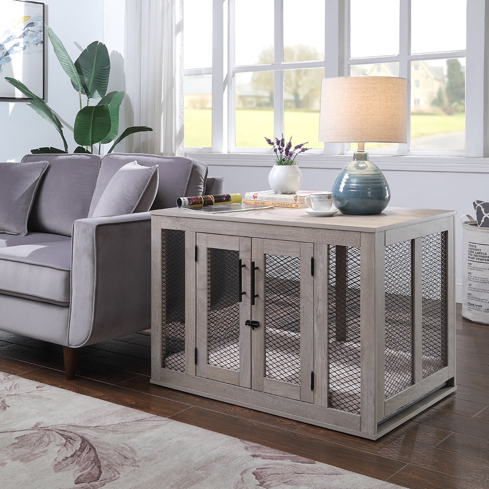 Medium Weathered Gray Wooden and Metal Dog Crate Table
