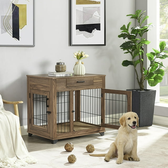 Unipaws Dog Crate Furniture with Drawer, Metal Mesh Dog Kennels with