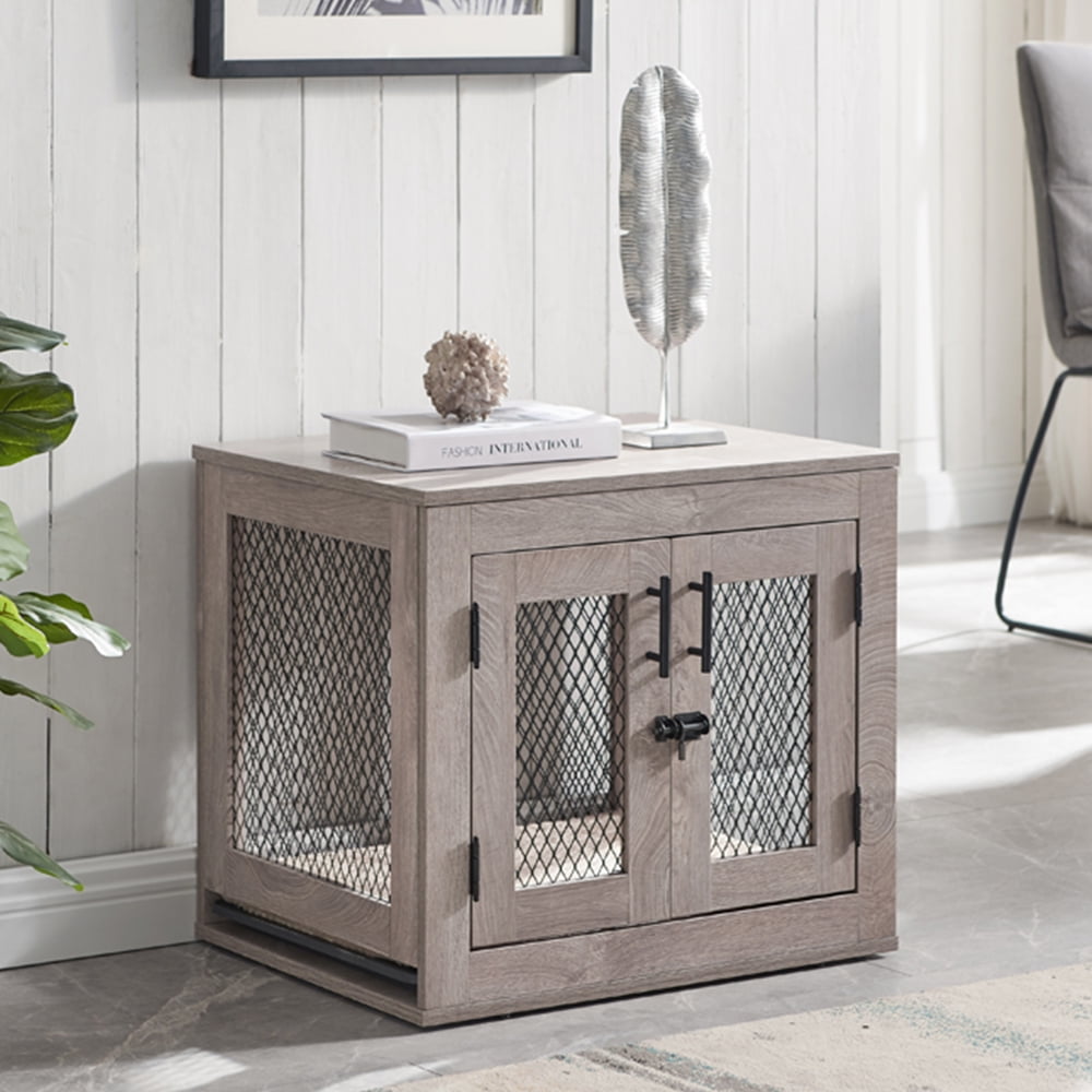 Unipaws Furniture Style Dog Crate with Tray,Wooden Dog Kennel Mesh Dog House Small Size