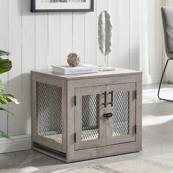 Unipaws Furniture Style Dog Crate with Tray,Wooden Dog Kennel Mesh Dog House Small Size