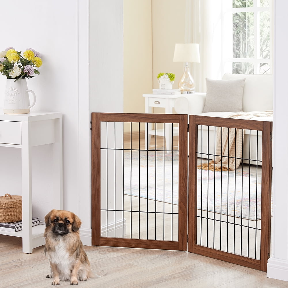 Walnut and Black Metal Freestanding Pet Gate, 2 Panels