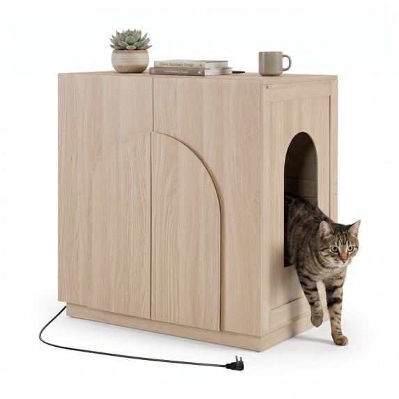 Unipaws Extra Large Cat Litter Box Enclosure, Tall Wooden Cabinet with Charging Station for Self-Cleaning and Automatic Litter Boxes, Dog Proof Hidden Cat House for Top Entry Litter Box, White Oak