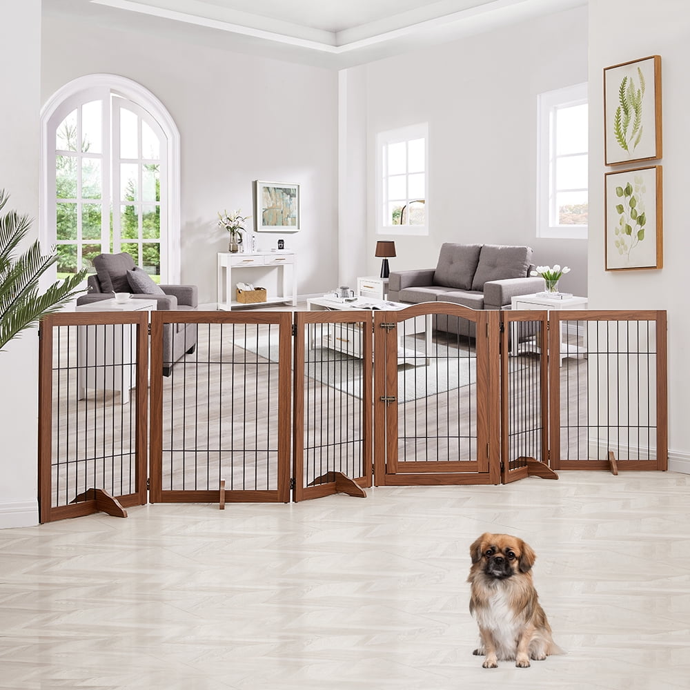 Unipaws Extra Wide Pet Gate, 6 Panels, Foldable, Walk Through Door, Walnut  - Walmart.com, image size:1000x1000