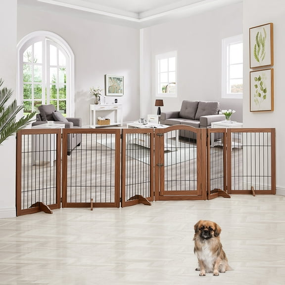 Unipaws Extra Wide Dog Gate, 6 Panels Freestanding Pet Gate, Walnut