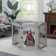 Unipaws Extra Wide Freestanding Dog Gate, 6 Panels Pet Playpen with Wood and Wire, Walk Through Dog Gate with 5 Support Feet