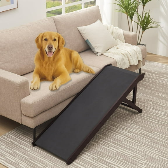Unipaws Foldable Wooden Pet Ramp with Adjustable Height, Dog Ramp to Reach High Bed and Couch, Durable Pet Ladder with Updated Non-Slip Yoga Mat for Dog and Cat, Espresso