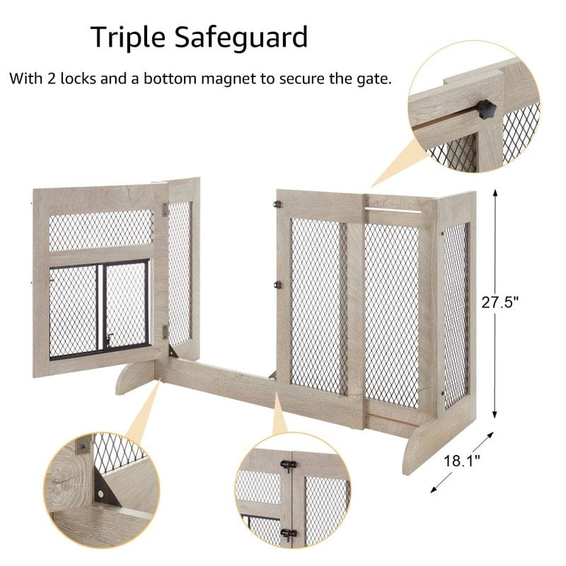 Adjustable Light Brown Wood and Metal Mesh Freestanding Dog Gate