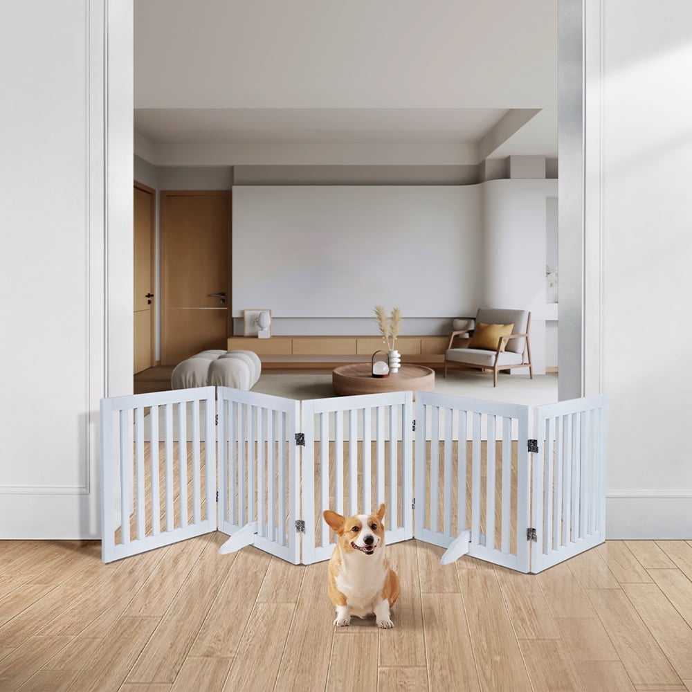 Unipaws 24”H Free Standing Pet Gate for Dog, Wooden Dog Gates for Doorway, Stairs, White