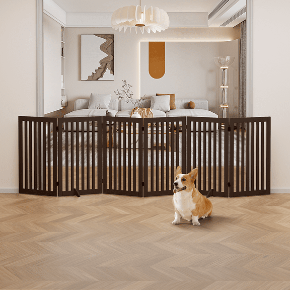 Unipaws Freestanding Pet Gate 36 inches High 6 Panels, Espresso