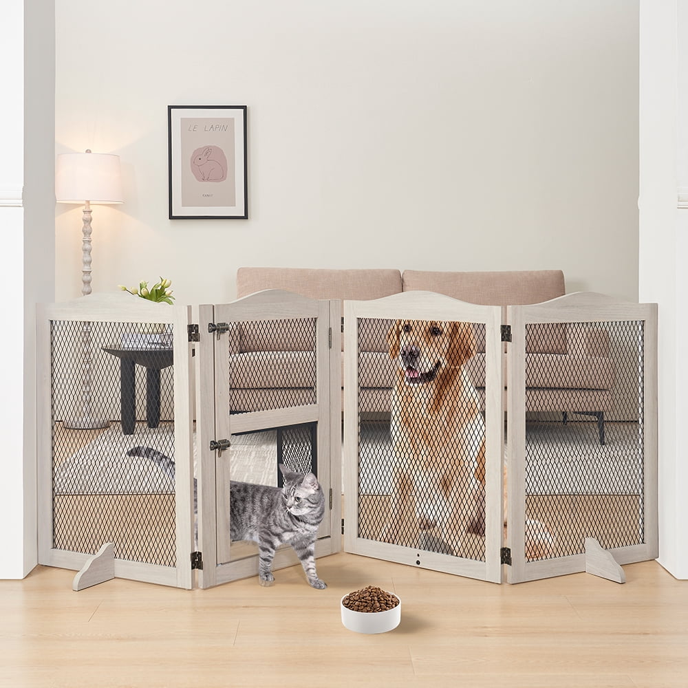 Unipaws Freestanding Pet Gate with Small Cat Door, Wooden Dog Gates with 3 Support Feet, Grey