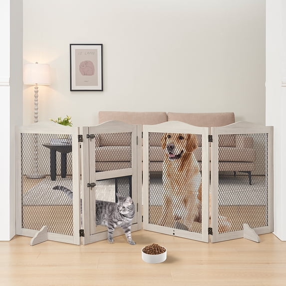 Unipaws Freestanding Pet Gate with Small Cat Door, Wooden Dog Gates with 3 Support Feet, Grey