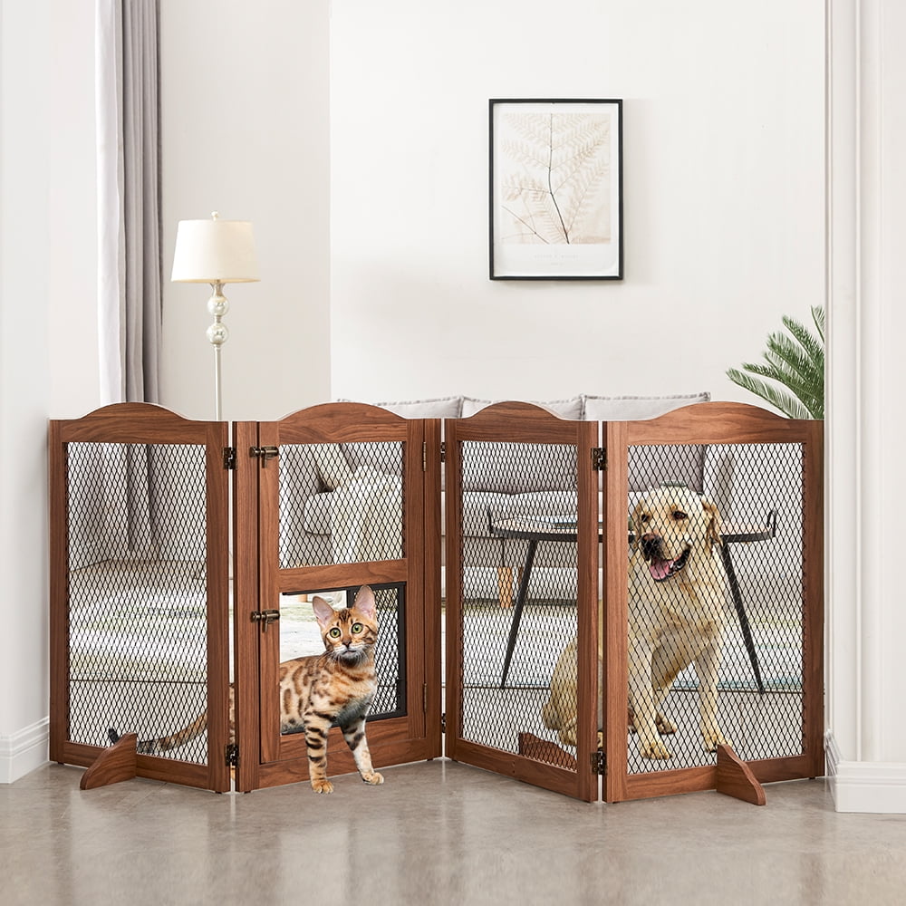 Walnut Freestanding Pet Gate with Cat Door and Metal Mesh