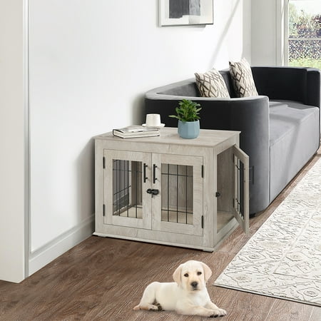 Unipaws Furniture Style Dog Crate, Wooden Wire Dog Kennel with Double Doors, Small Dog Crate