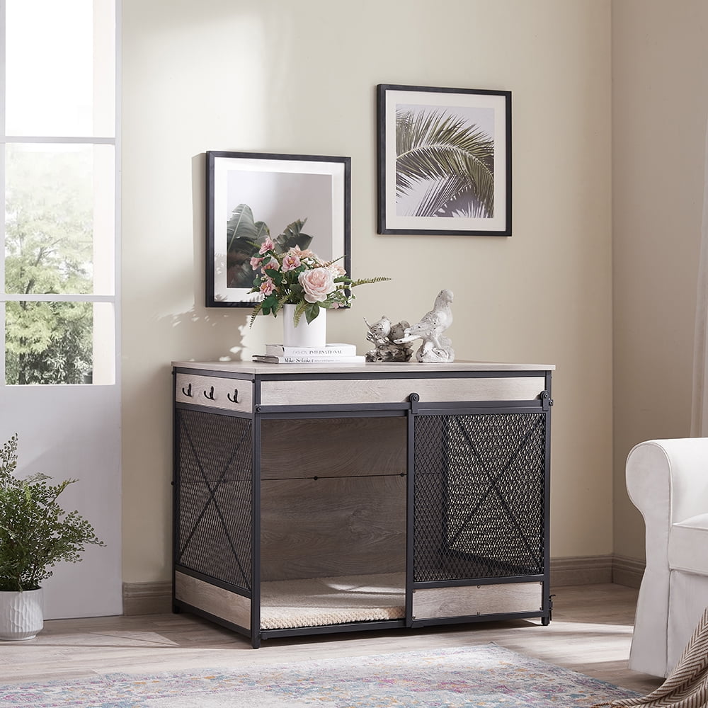 Unipaws Furniture Style Dog Crate, Wooden Mesh Pet Kennels with Cushion and Hooks, Large Dog