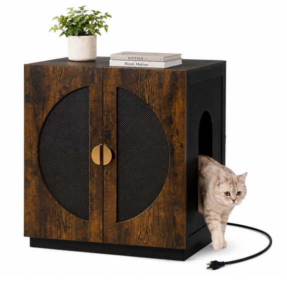 Unipaws Large Cat Litter Box Enclosure, Wooden Cabinet with Charging Station for Self-Cleaning & Auto Litter Boxes, Dog Proof Cat House for Top Entry Litter Box, Rustic and Black