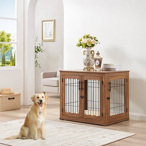 Unipaws Pet Crate End Table, Double Doors Wooden Wire Dog Kennel with Pet Bed, Walnut