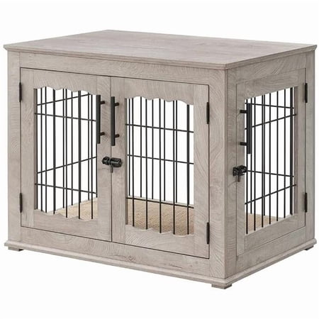Unipaws Pet Crate End Table, Double Doors Wooden Wire Dog Kennel with Pet Bed, Weathered Gray