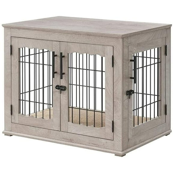 Unipaws Pet Crate End Table, Double Doors Wooden Wire Dog Kennel with Pet Bed, Weathered Gray