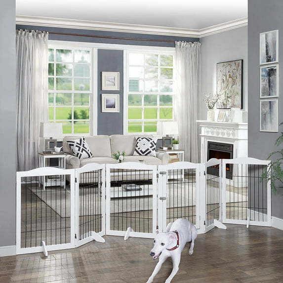 Unipaws Pet Gate Extra Wide, Freestanding Pet Playpen 6 Panels, Dog Gate with Wire, White
