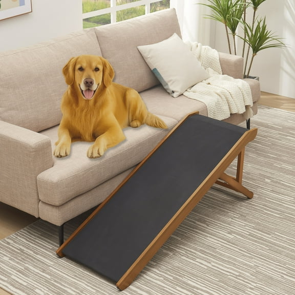 Unipaws Pet Ramp for Large Dogs Cats, Foldable Wooden Dog Ramp with Safe Landing Platform and Non-Slip Traction Rubber Mat, 4 Adjustable Heights, for Elderly Injured Pet to Reach Couch Sofa High Bed