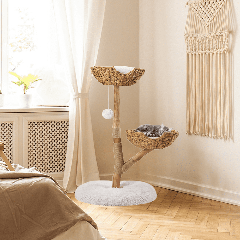 Unipaws Wood Cat Tree Tower for Large Cats 20lbs, Natural Cat Tree Tower with Dual Woven Baskets, 41-inch Cat Activity Tree with Plush Cushions, Aesthetic Short Cat Tree with Scratching Post