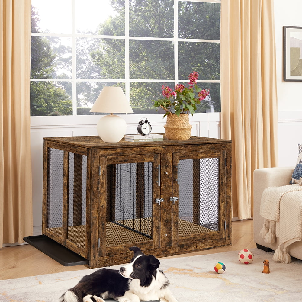 View of Unipaws XL Furniture Dog Crate for Large Dogs with Tray and Divider ...