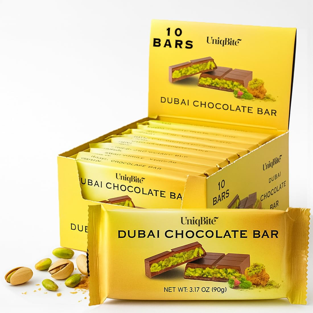 UniqBite Dubai Chocolate Bar BCF26 Pistachio, 10 PACK, 31.75 Oz, Viral Milk Chocolate Bar with Pistachio Cream and Kataifi, with Display Box
