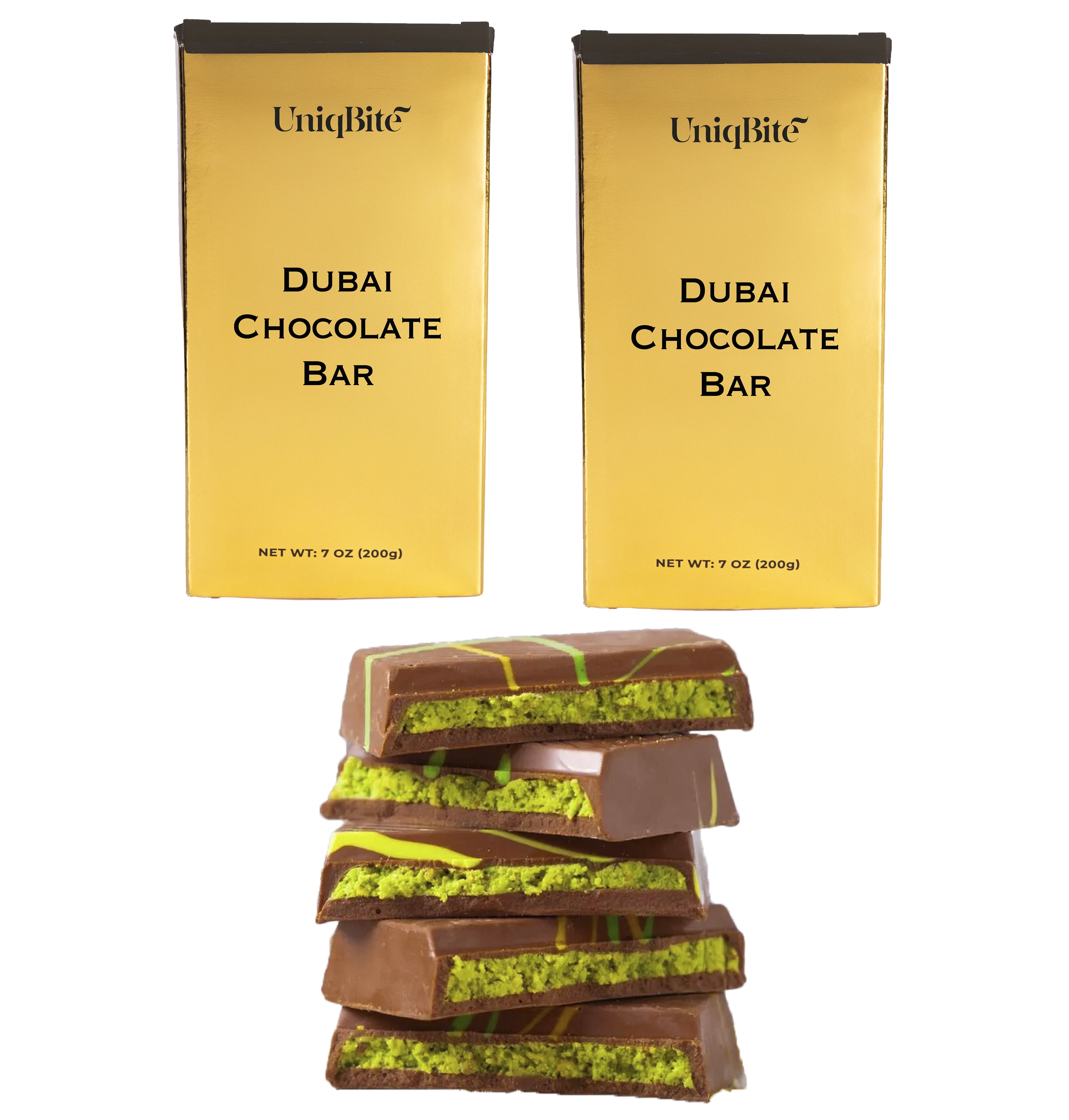 UniqBite Dubai Chocolate Bar Pistachio, Crunchy Loaded Viral Knafeh Chocolate Bar with Pistachio Cream and Kataifi (14 Ounces (2 Pack))
