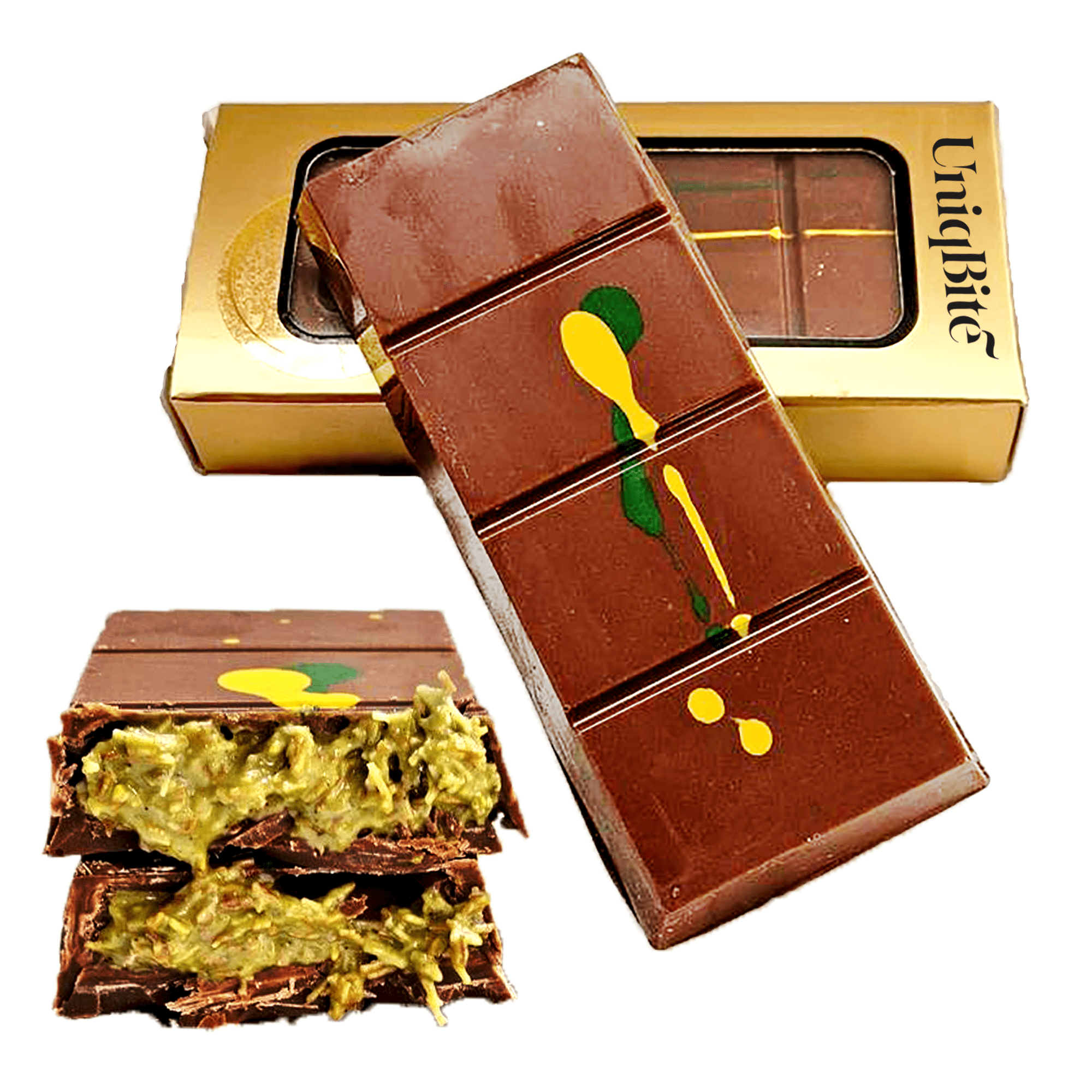 UniqBite 2 PACK Dubai Chocolate Bar, Handmade Luxury Milk Chocolate with Pistachio Cream and Kataifi, Total 7 Oz (200g)