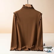 Uniqlo Top Women's Fleece Thermal Long-sleeved Round-neck Base Shirt Top,Coffee,XXL