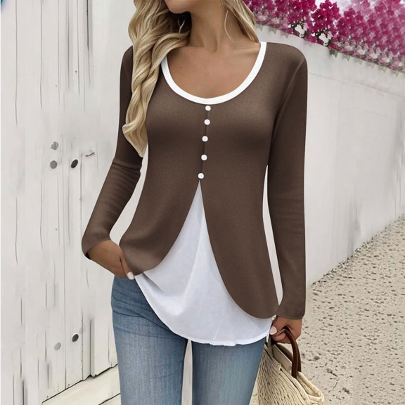 Uniqlo Women Long Sleeve Tops Women's Long Sleeve Top Temperament Splicing Fake Two-piece Long Sleeved T-shirt Fashionable Waist Cinching And Basic Shirt,Brown,XXXL