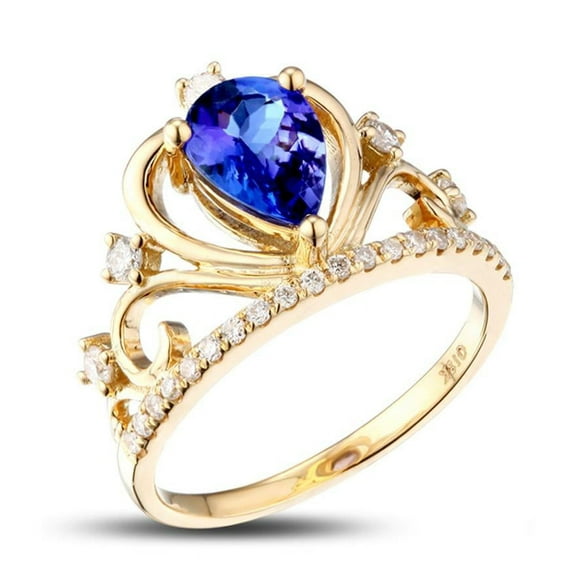 Unique 1.50 Carat 8X5mm Pear Cut Blue Sapphire And Moissanite Diamond Crown Look Engagement Ring In 10K Rose Gold For Her