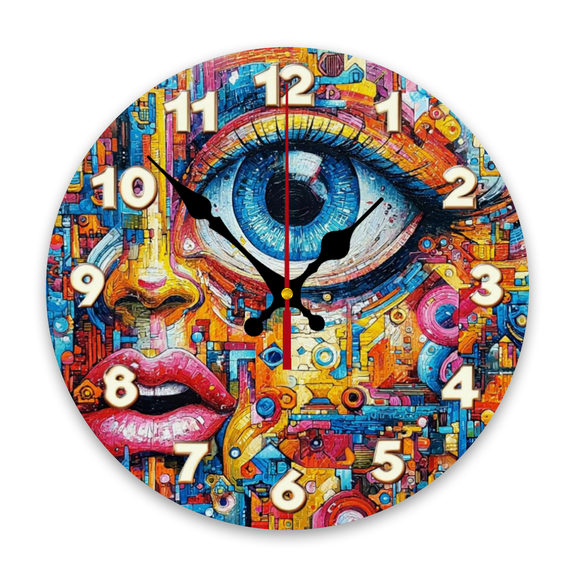 A Unique 10-Inch Round Wooden Wall Clock Featuring a Colorful Abstract Eye Design. This Silent, Non-Ticking Clock Is Perfect for Decorating Your Living Room, Bedroom, Office, Or Kitchen