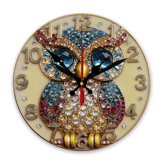 A Unique 10-Inch Round Wooden Wall Clock Featuring an Owl Design Adorned with Colorful Gems. This Silent, Non-Ticking Clock Is Perfect for Decorating Your Living Room, Bedroom, Office, Kitch