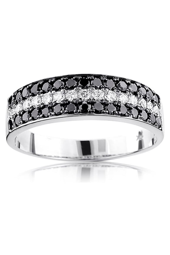 Unique 10K 3 Row White Black 1.3 Ctw Natural Diamond Wedding Band (White Gold Size 5)