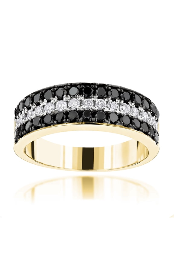 Unique 10K 3 Row White Black 1.3 Ctw Natural Diamond Wedding Band (Yellow Gold Size 5)