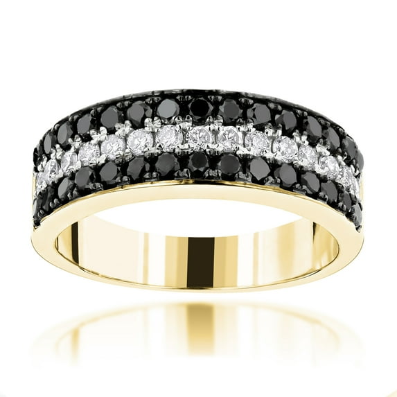 Unique 10K 3 Row White Black 1.3 Ctw Natural Diamond Wedding Band (Yellow Gold Size 6)