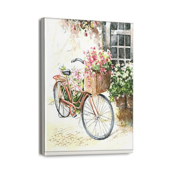 Unique 12x16 inch Canvas Painting Rustic Bike & Flower Pictures, Coastal Beach Wall Art for Refreshing Bathroom, Bedroom, Living Room Decor