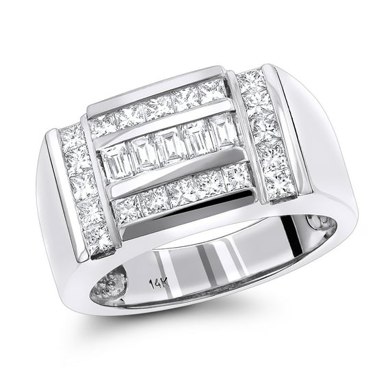 Unique 14K Mens Princess & Baguette Natural 1.8 Ctw Diamonds Ring (White Gold Size 11)