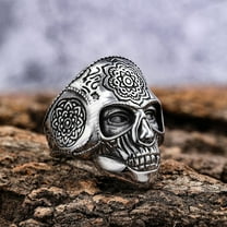 Unique 14K White Gold Heavy Sugar Skull Ring Men's Mandala Flower Santa Muerte Cyclist Jewelry
