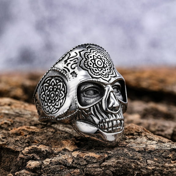 Unique 14K White Gold Heavy Sugar Skull Ring Men's Mandala Flower Santa Muerte Cyclist Jewelry