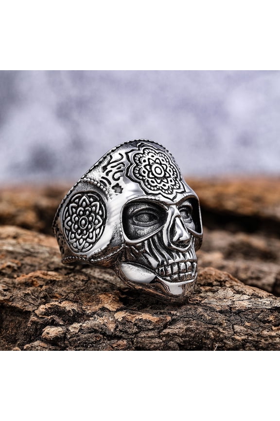Unique 14K White Gold Heavy Sugar Skull Ring Men's Mandala Flower Santa Muerte Cyclist Jewelry