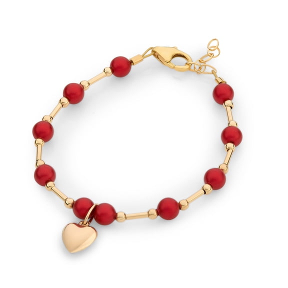 Unique 14kt Gold Filled Bracelet With Red Austrian Pearls, 14kt Gold Filled Heart Charm, Suitable For Infant/Child/Teen (B2123-R)