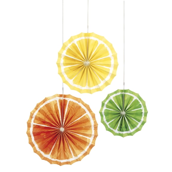 Unique 16447 Tissue Paper Fan Decorations-Assorted Size-Citrus Fruit Summer Party-3 Count (Pack of 1), Multicolour