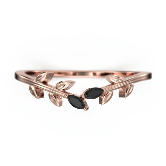 Unique 18K Rose Gold Over Silver Wedding Band Open Wedding Band Art Deco Marquise Black Diamond Moissanite Leaf Wedding Ring Anniversary Gift