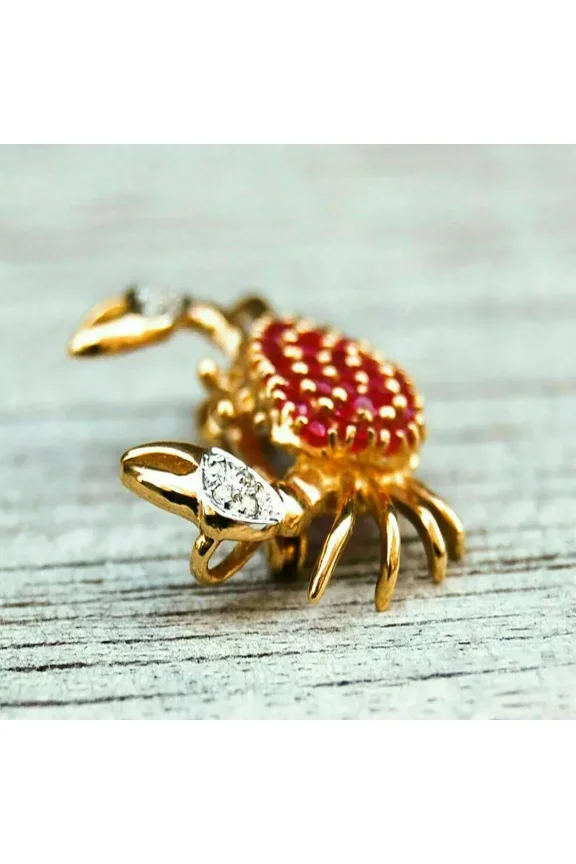 Unique 1Ct Round Lab Created Red Ruby Crab Pendant 14K Yellow Gold Plated Silver